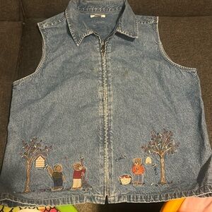 Christopher & Banks Denim Vest L Embroidered bears bees fall leaves